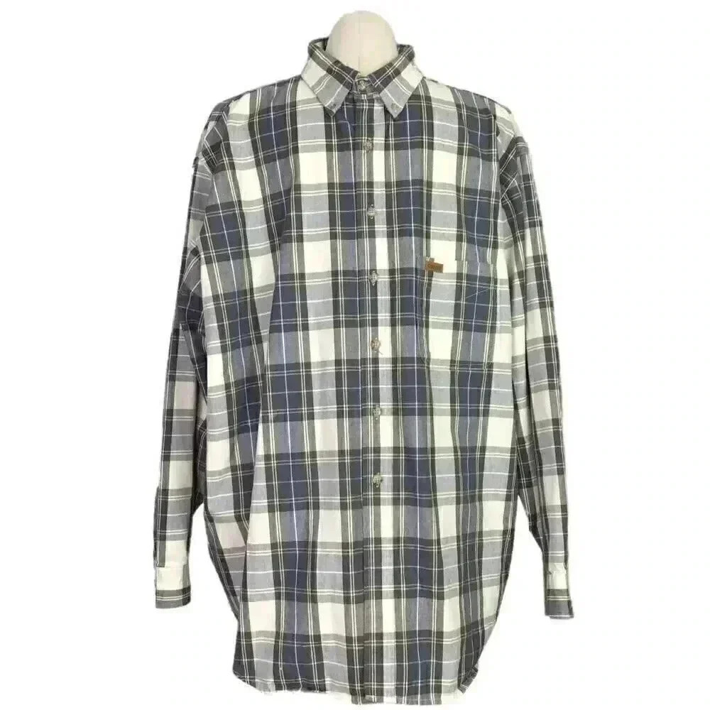 Carhartt Men 2X Reg Plaid Oxford Button Down Work Shirt Gray Multi Pockets Heavy